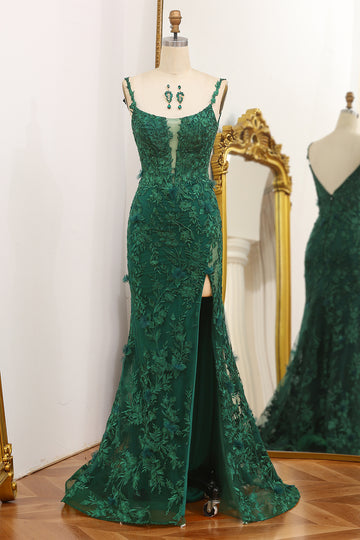 Dark Green Stylish Mermaid Spaghetti Strap Long Prom Dress with Appliques